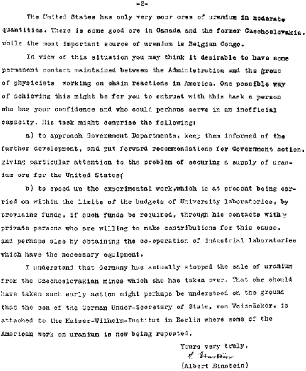 Albert Einstein'ın Roosevelt'e yazdığı 2 Ağustos 1939 tarihli mektup.